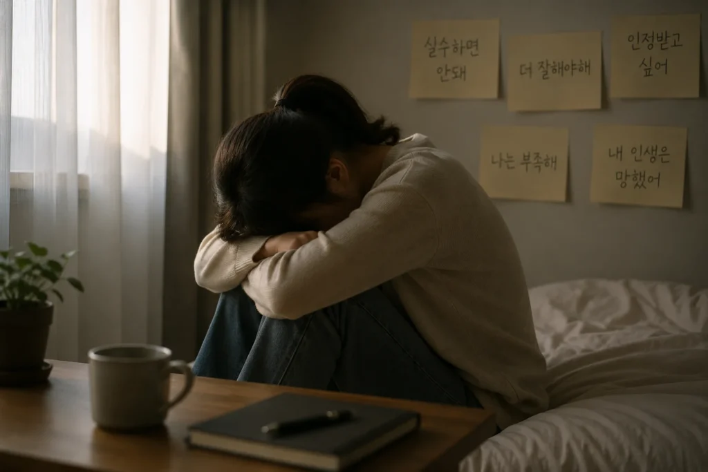 부모와의 갈등 속에서 상처와 치유의 순간을 마주한 사람의 감정적 회복을 표현한 이미지