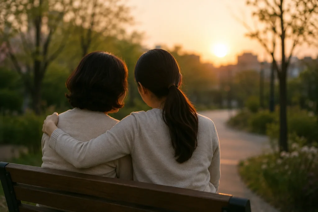 부모와의 갈등 속에서 상처와 치유의 순간을 마주한 사람의 감정적 회복을 표현한 이미지